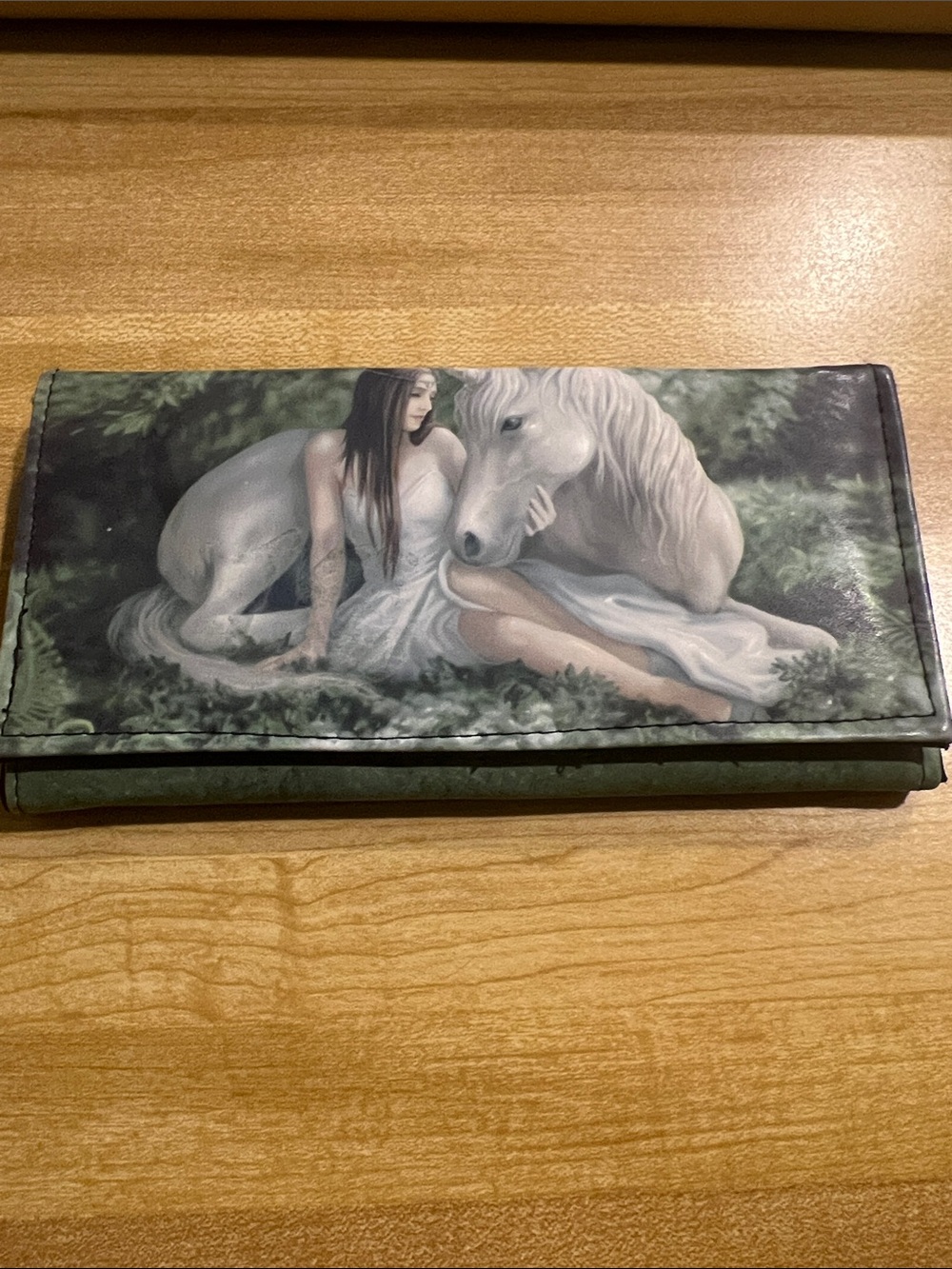 #3177*Fantasy White Horse & Woman Trifold Wallet - Green